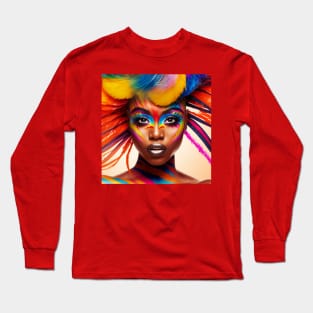 Woman with colorful makeup and feathers on her head. Long Sleeve T-Shirt